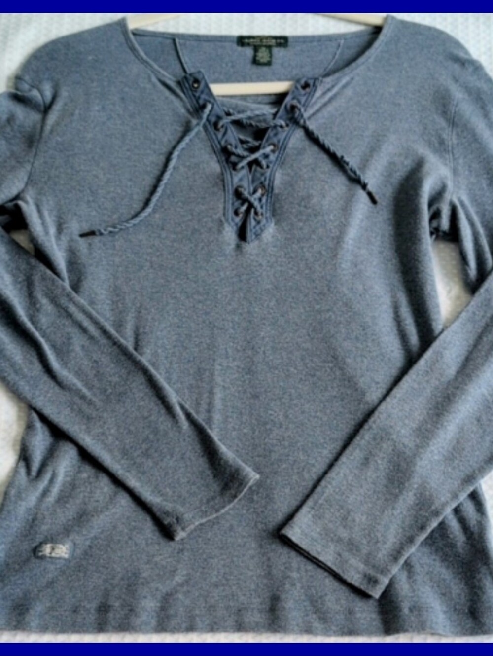Ralph Lauren Denim Lace-Up Long Sleeve Knit Top Blue Heather Fall Denim Medium